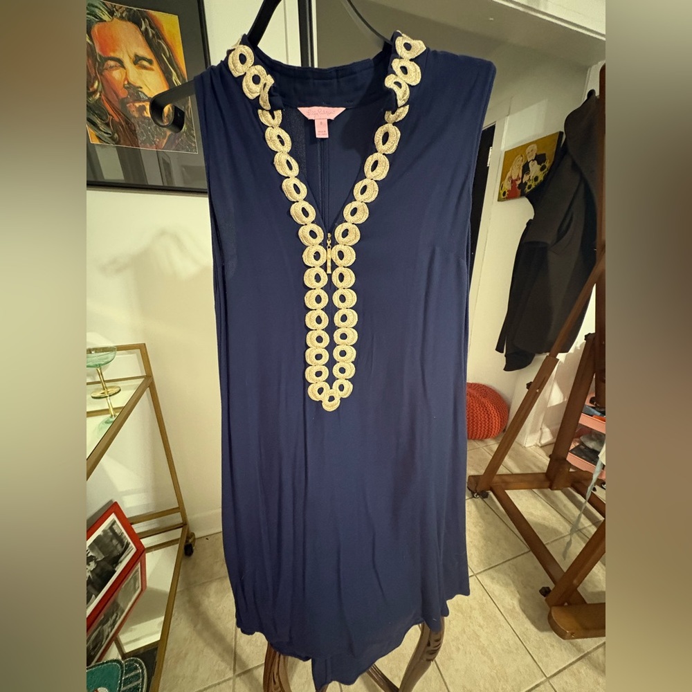Lilly Pulitzer Navy Blue Midi Dress with Cream Embroidered Trim